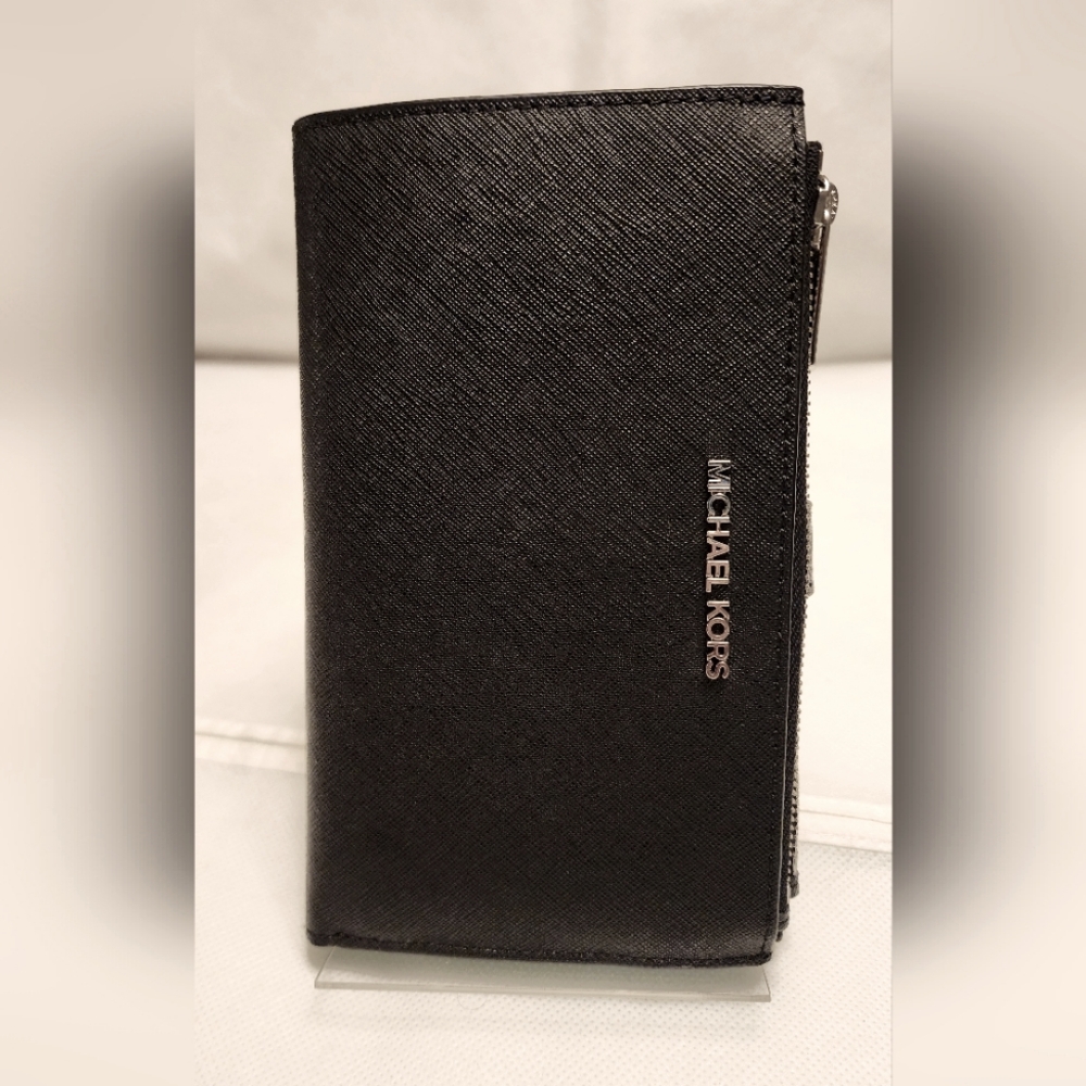 NWOT Michael Kors Jet Set Travel Double zip wristlet Leather wallet Black Silver - Picture 5 of 15